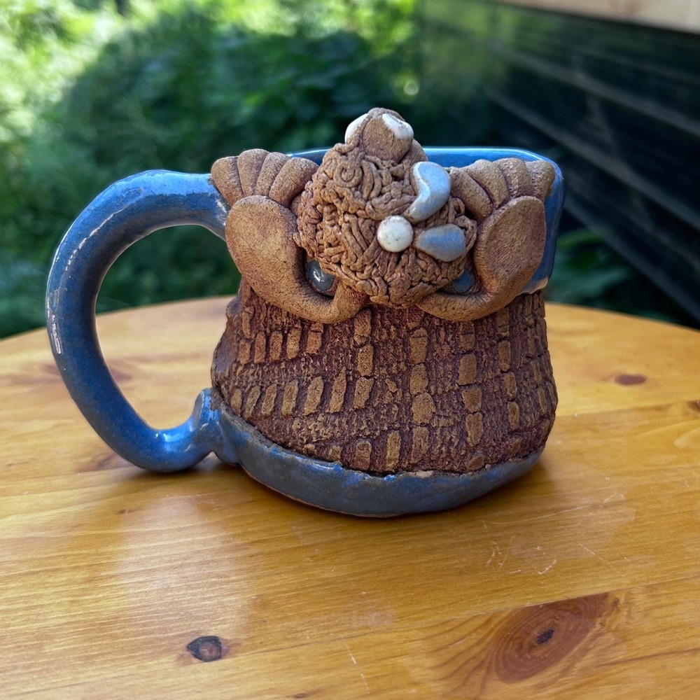 Vintage Ceramic Mug Blue Brown 3D Face Art Pottery Pump Pottery Hawaii Large